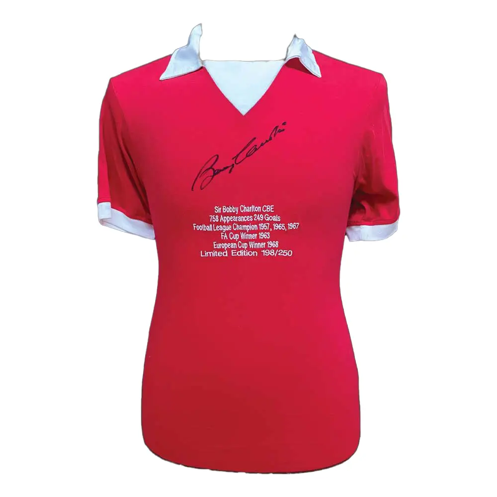 Sir Bobby Charlton Signed Manchester United embroidered Limited Edition Shirt