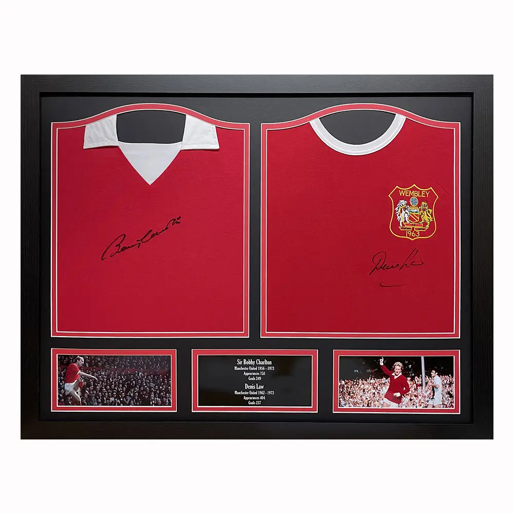 Framed Bobby Charlton & Denis Law signed Manchester United double shirt display