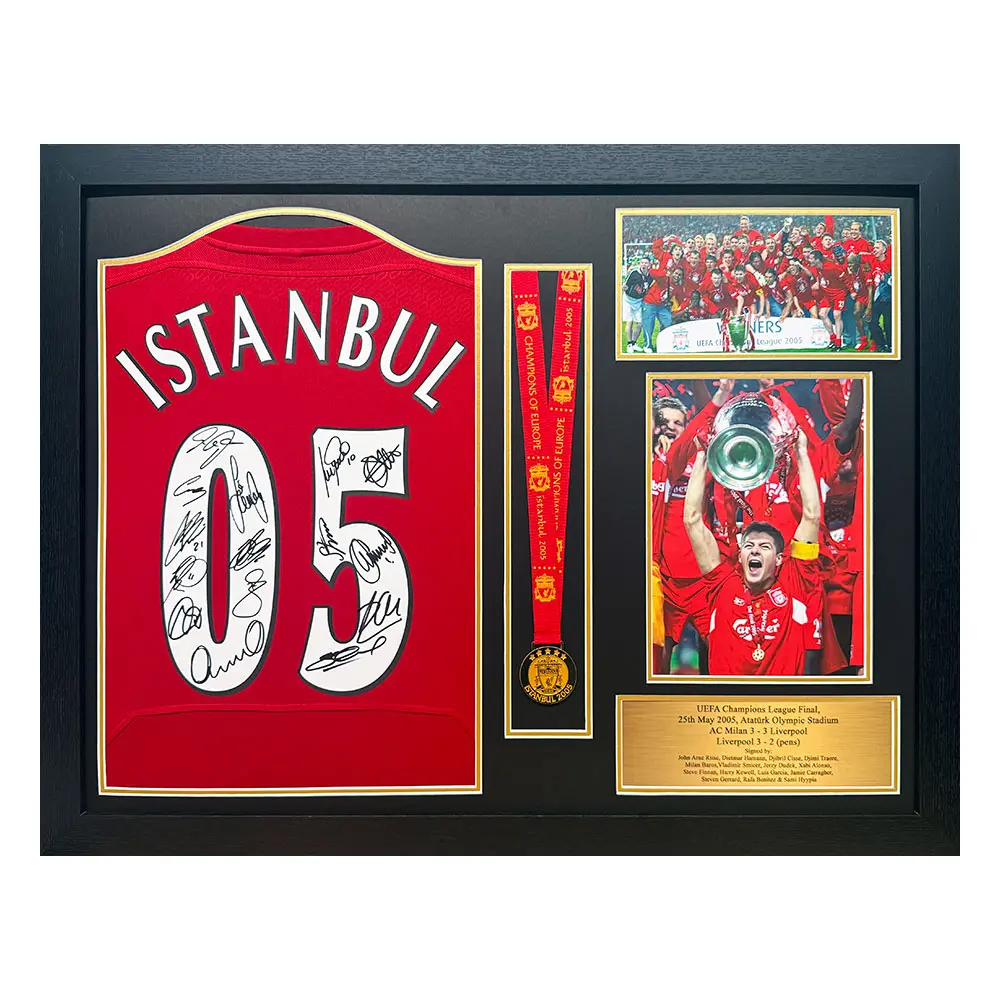 Framed Liverpool 2005 Champions League Final Retro Shirt medal display Signed by 15