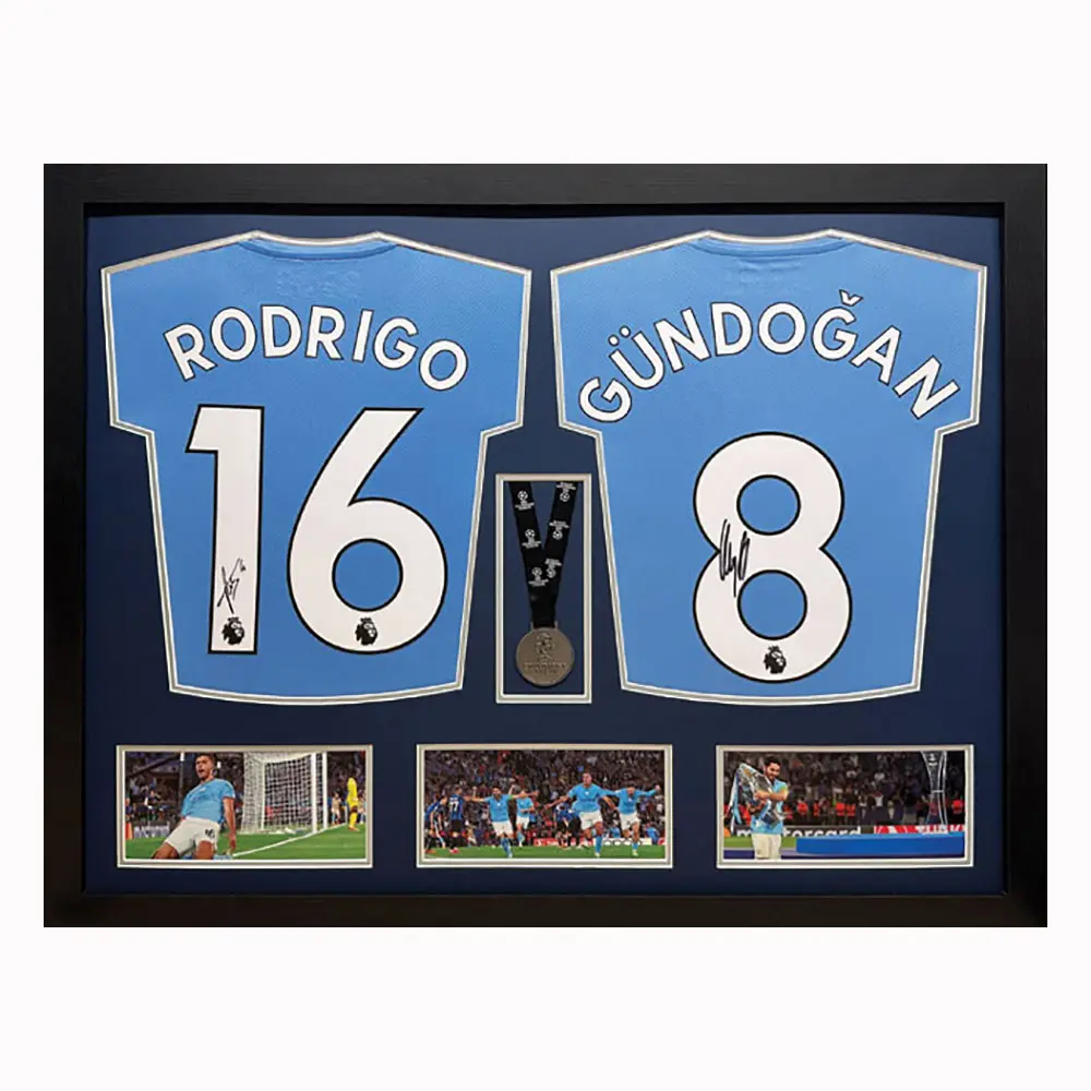 Framed Ilkay Gundogan & Rodri double signed Manchester City Shirt display