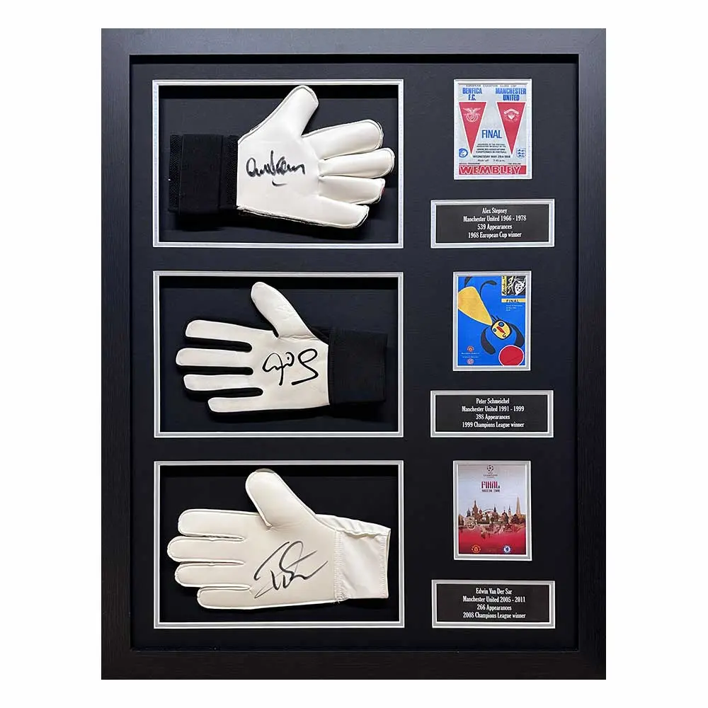 Peter Schmeichel, Alex Stepney & Edwin Van Der Sar triple signed glove display