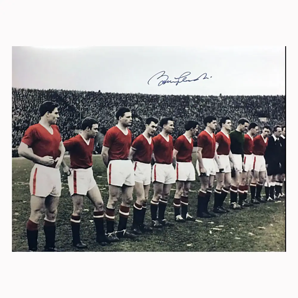 Sir Bobby Charlton signed Busby Babes "The Last Lineup" photo