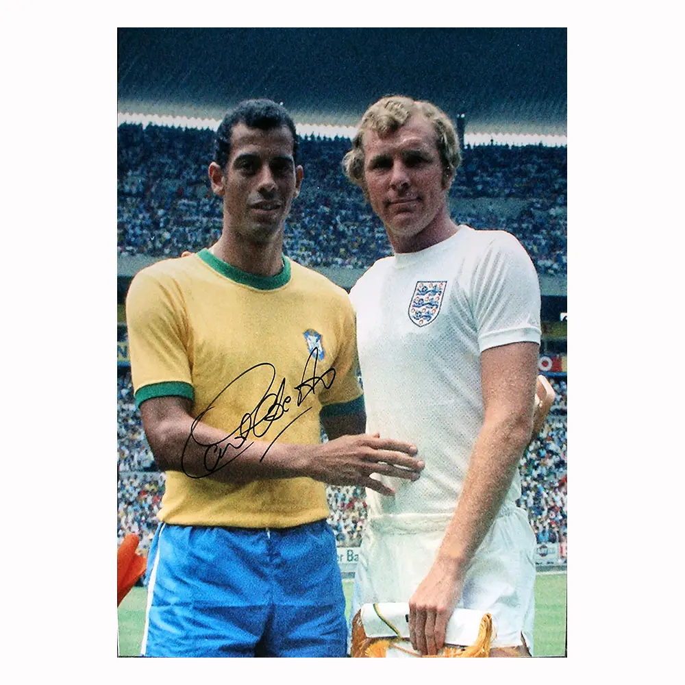 Carlos Alberto signed 1970 Brazil v England photo.