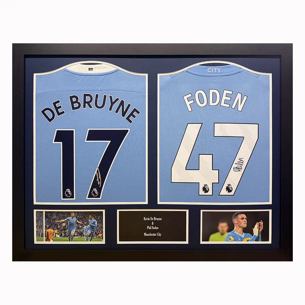 Framed De Bruyne & Foden double signed Manchester City Shirt display