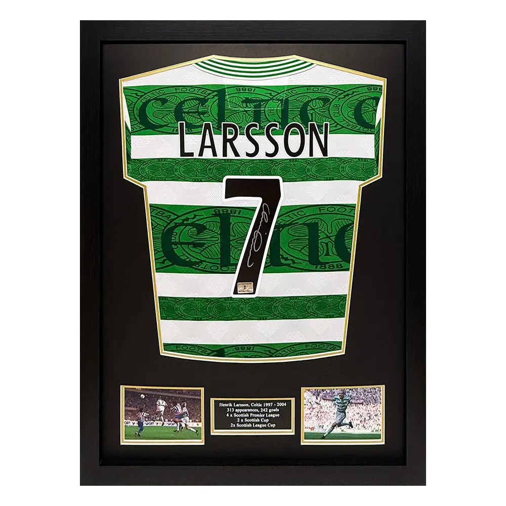 Framed Henrik Larsson signed Celtic 1995/97 official retro shirt (2)