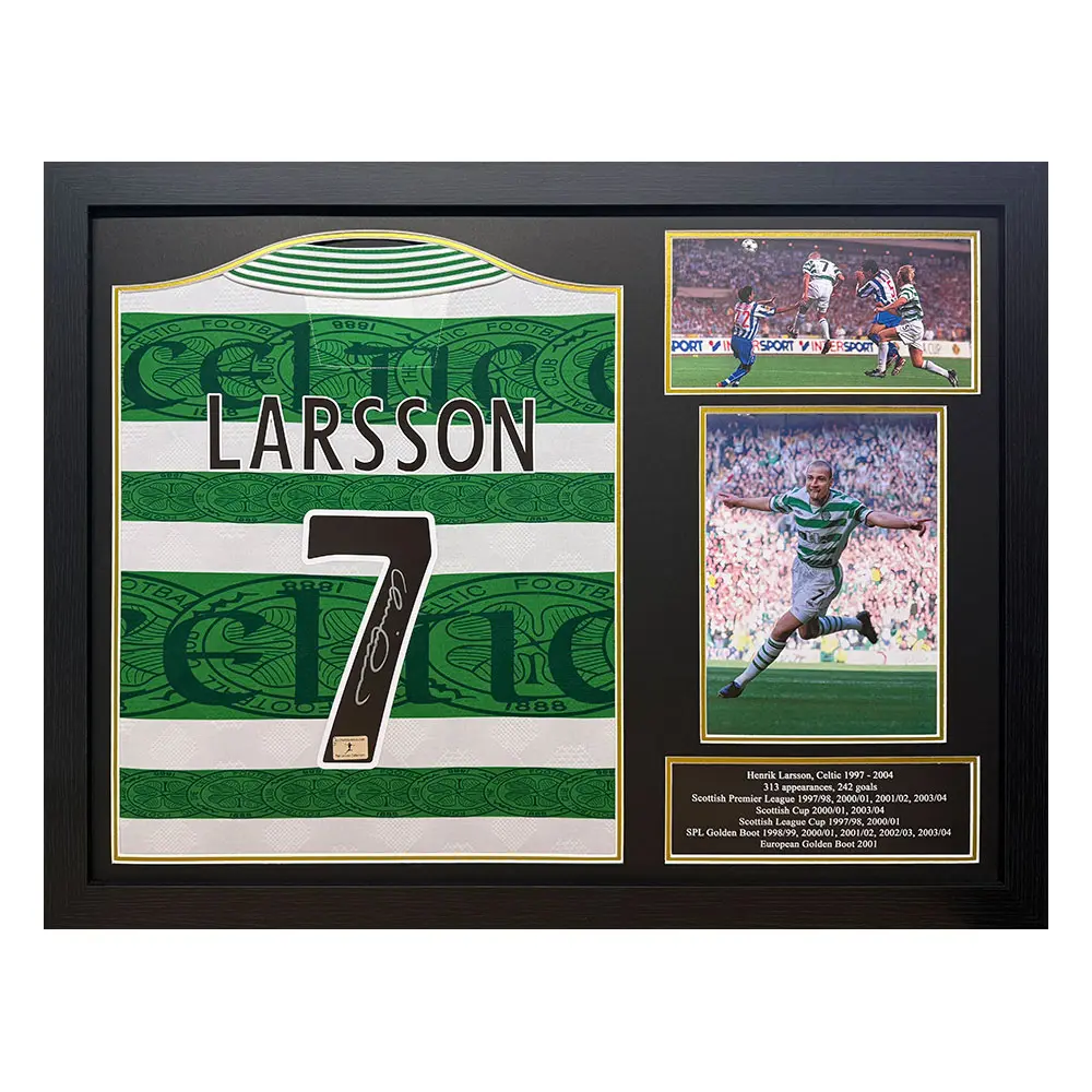 Framed Henrik Larsson signed Celtic 1995/97 official retro shirt