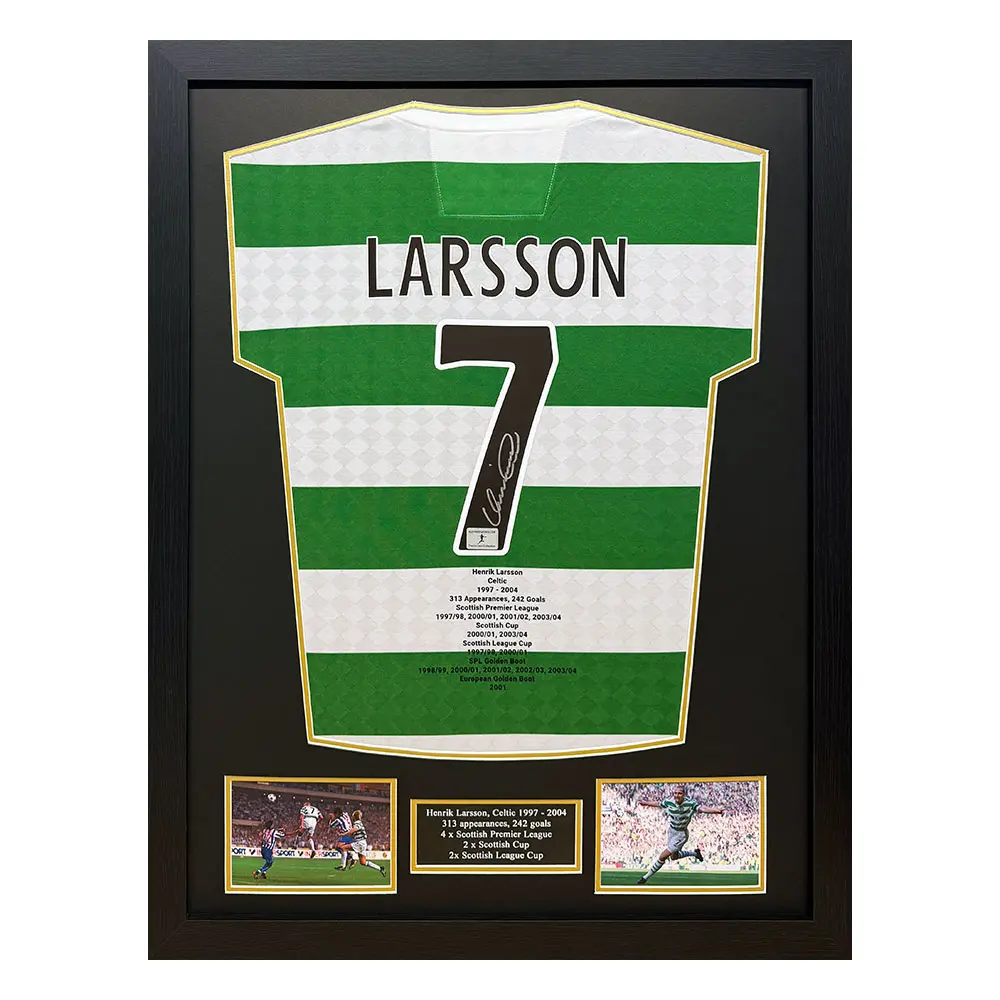 Framed Henrik Larsson Signed Centenary Celtic Shirt with Career Stats