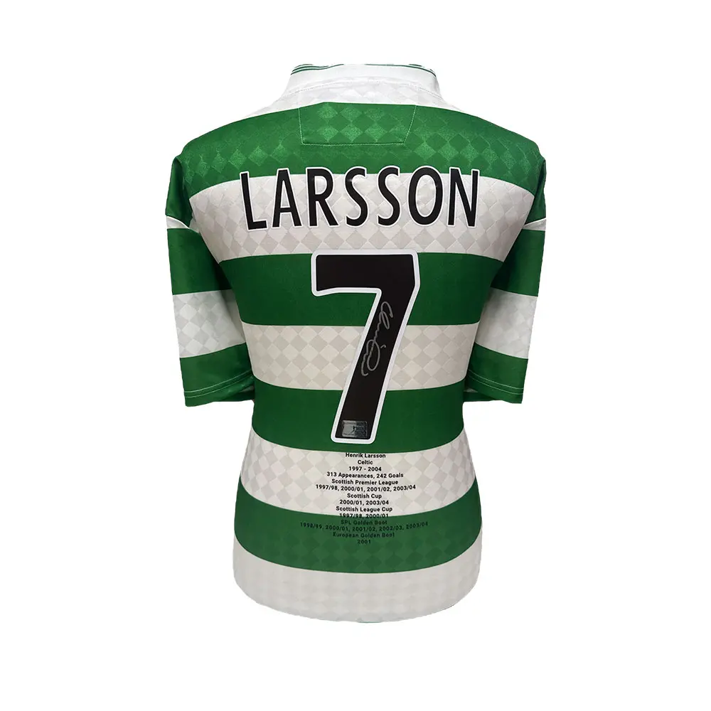 Henrik Larsson Signed 1988 Celtic Retro Shirt with Career Stats