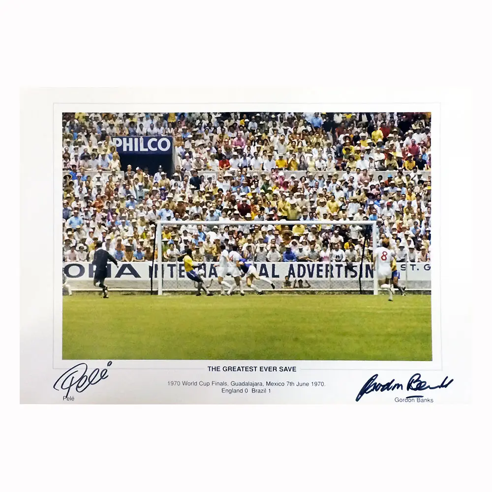 Pele & Gordon Banks dual signed "The Save" photo