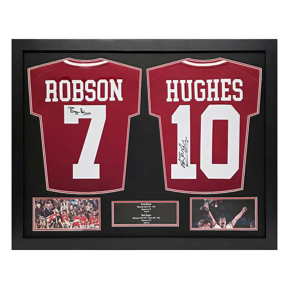 Framed Bryan Robson & Mark Hughes signed Manchester United double Shirt display
