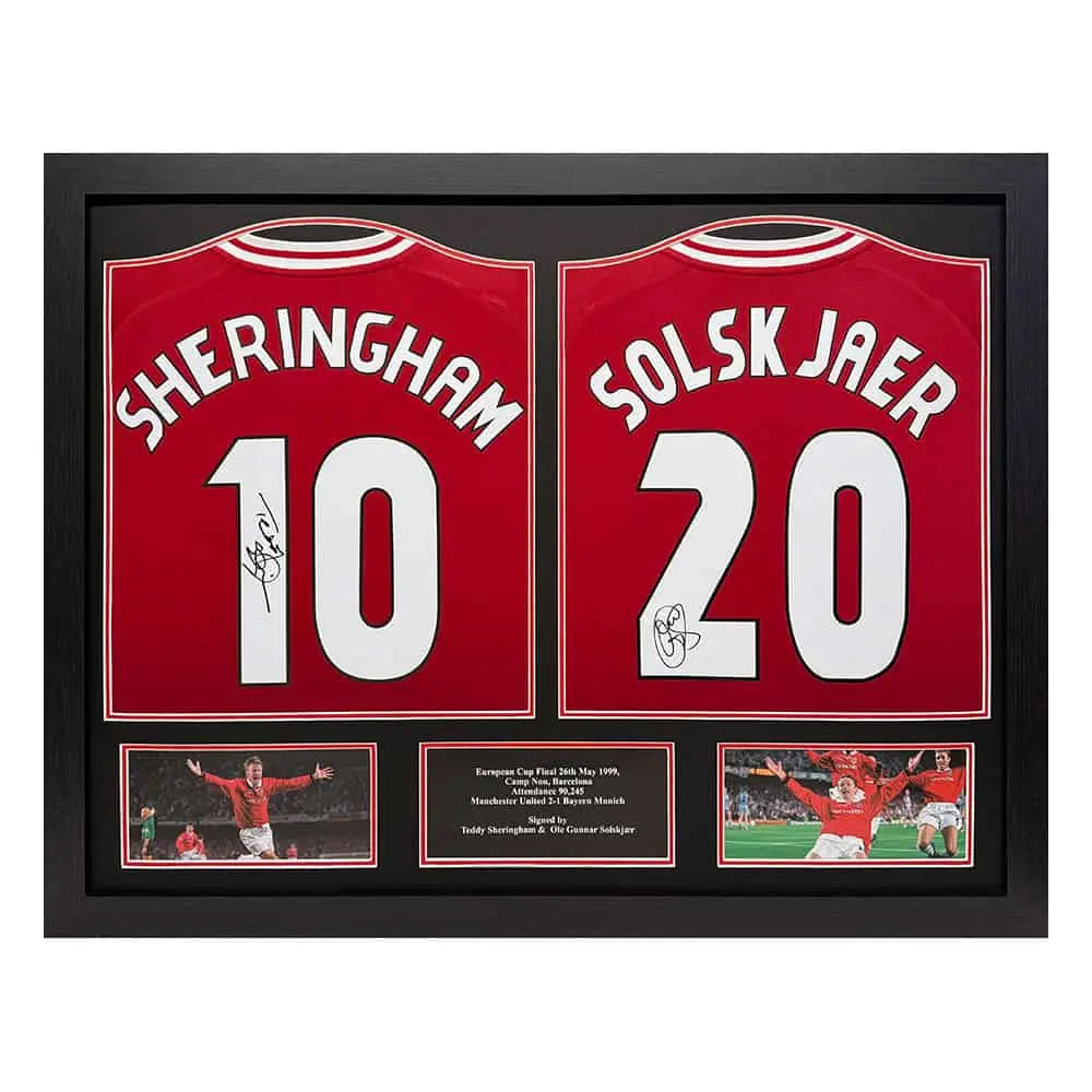 Solskjaer  & Sheringham double signed framed shirt display
